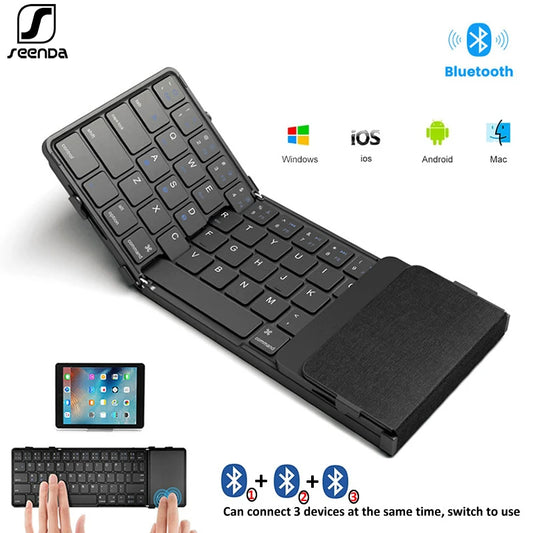 SeenDa Tri-Folding Wireless Keyboard with Touchpad – Rechargeable, Foldable Mini Keyboard for Windows, Phone, PC, and Tablet