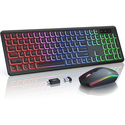 Wireless RGB Backlit Keyboard and Mouse Combo – Rechargeable, Full-Size, Ergonomic, 2.4GHz with Sleep Mode