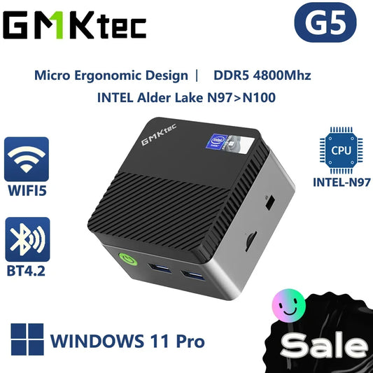 GMKtec G5 Mini PC – Intel 12th Gen N97, Windows 11 Pro, DDR5 4800MT/s, M.2 SATA, Wi-Fi 5, BT 4.2 – Portable DIY Gaming Desktop