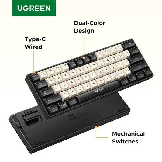 UGREEN 61-Key Wired Mechanical Keyboard – PBT Keycaps, Russian/English Layout, Compact Gaming Keyboard for Windows & macOS