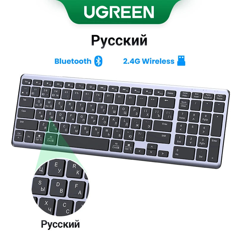 UGREEN Wireless Bluetooth 5.0 & 2.4GHz Keyboard – 99-Key Layout, Russian/Korean/English, USB-C Rechargeable for MacBook, iPad, PC & Tablet