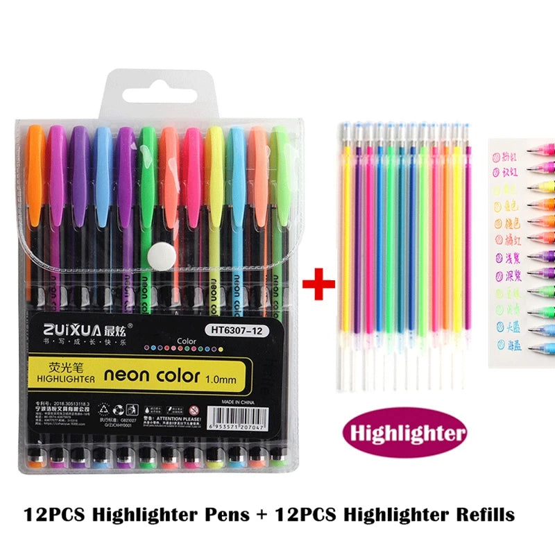 12/24Pcs Metallic Glitter Gel Pens Set – Colorful Art Markers for Drawing, Journaling, School & Office