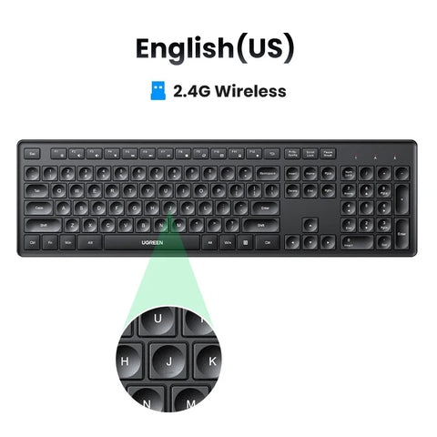 UGREEN Wireless 2.4GHz Keyboard – 104-Key Layout, Multi-Language Keycaps (English/Russian/Korean), for Windows & macOS