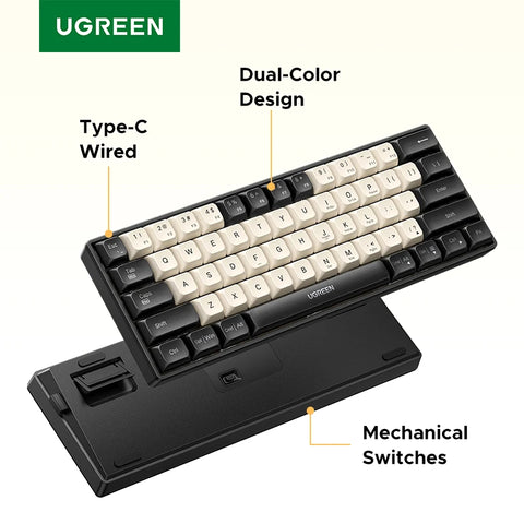 UGREEN 61-Key Wired Mechanical Keyboard – PBT Keycaps, Russian/English Layout, Compact Gaming Keyboard for Windows & macOS