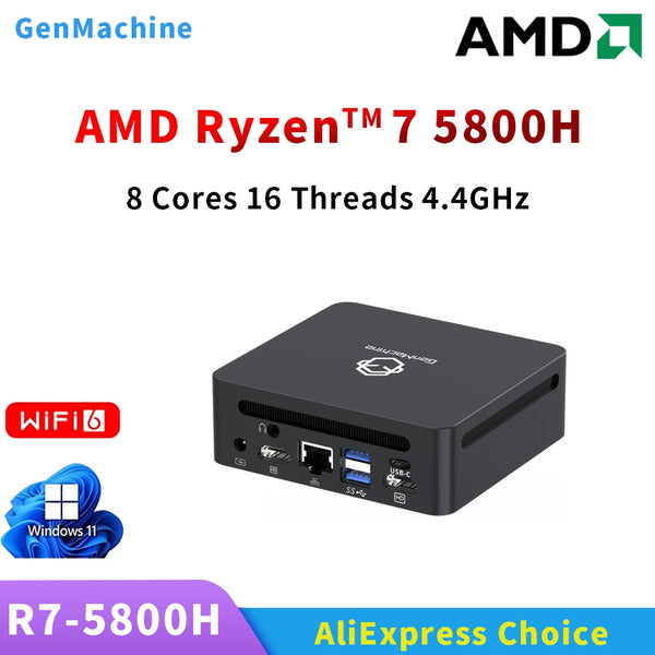 GenMachine Mini PC – AMD Ryzen 7 5800H, Windows 11, DDR4, Wi-Fi 6, BT 5.2 – Compact DIY Gaming Desktop
