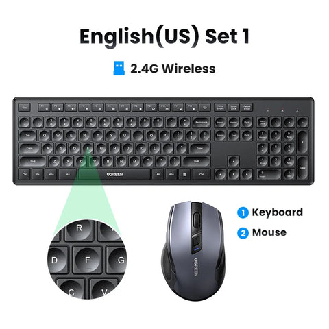 UGREEN Wireless 2.4GHz Keyboard – 104-Key Layout, Multi-Language Keycaps (English/Russian/Korean), for Windows & macOS