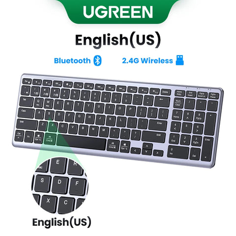 UGREEN Wireless Bluetooth 5.0 & 2.4GHz Keyboard – 99-Key Layout, Russian/Korean/English, USB-C Rechargeable for MacBook, iPad, PC & Tablet