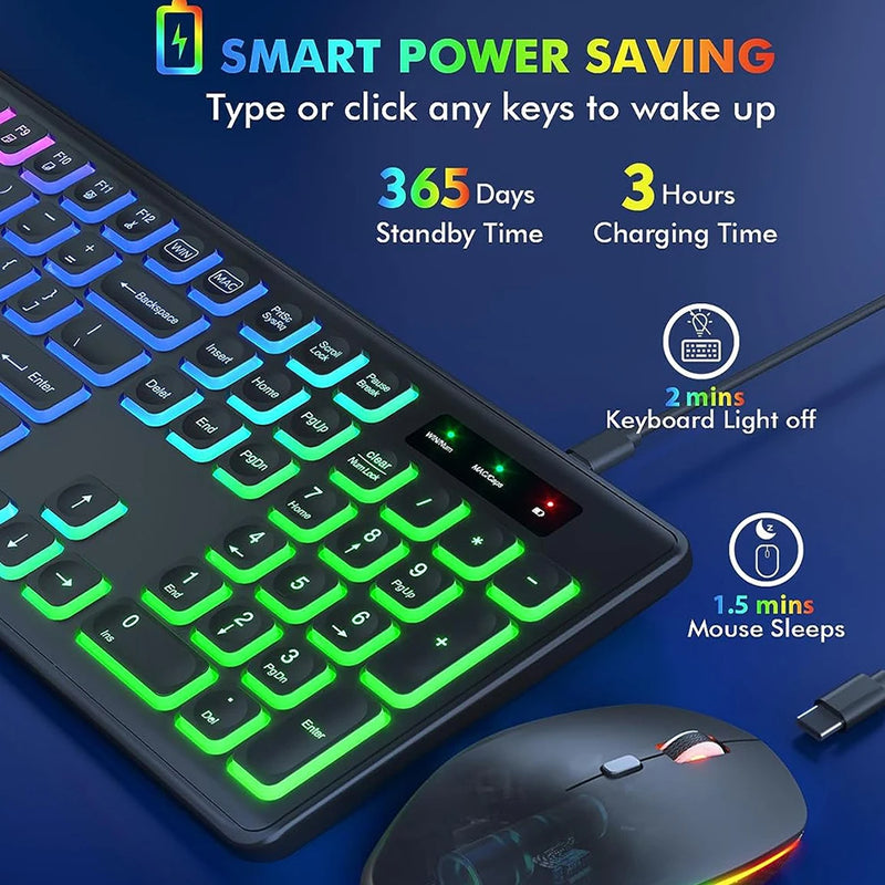 Wireless RGB Backlit Keyboard and Mouse Combo – Rechargeable, Full-Size, Ergonomic, 2.4GHz with Sleep Mode