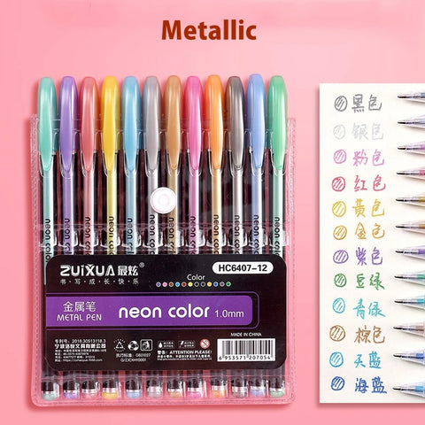 12/24Pcs Metallic Glitter Gel Pens Set – Colorful Art Markers for Drawing, Journaling, School & Office