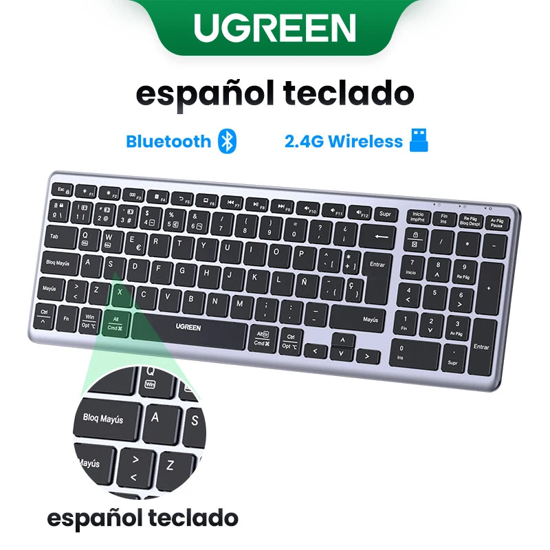 UGREEN Wireless Bluetooth 5.0 & 2.4GHz Keyboard – 99-Key Layout, Russian/Korean/English, USB-C Rechargeable for MacBook, iPad, PC & Tablet