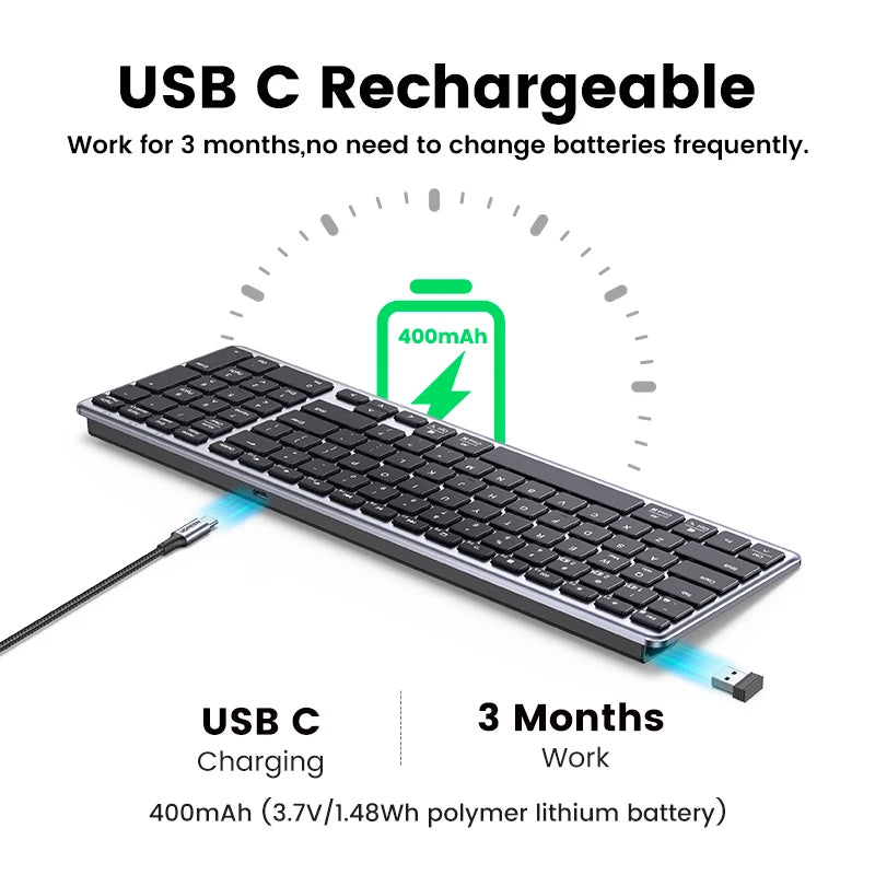 UGREEN Wireless Bluetooth 5.0 & 2.4GHz Keyboard – 99-Key Layout, Russian/Korean/English, USB-C Rechargeable for MacBook, iPad, PC & Tablet
