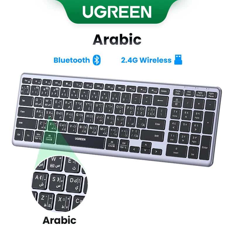 UGREEN Wireless Bluetooth 5.0 & 2.4GHz Keyboard – 99-Key Layout, Russian/Korean/English, USB-C Rechargeable for MacBook, iPad, PC & Tablet