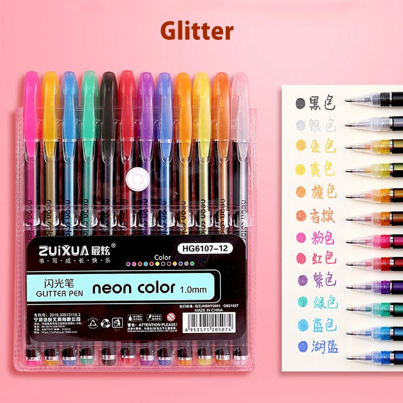 12/24Pcs Metallic Glitter Gel Pens Set – Colorful Art Markers for Drawing, Journaling, School & Office