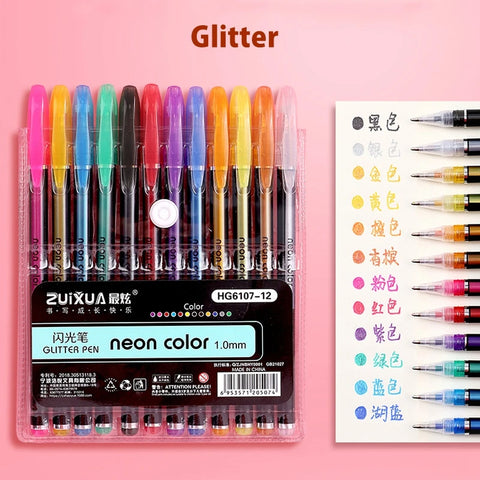12/24Pcs Metallic Glitter Gel Pens Set – Colorful Art Markers for Drawing, Journaling, School & Office
