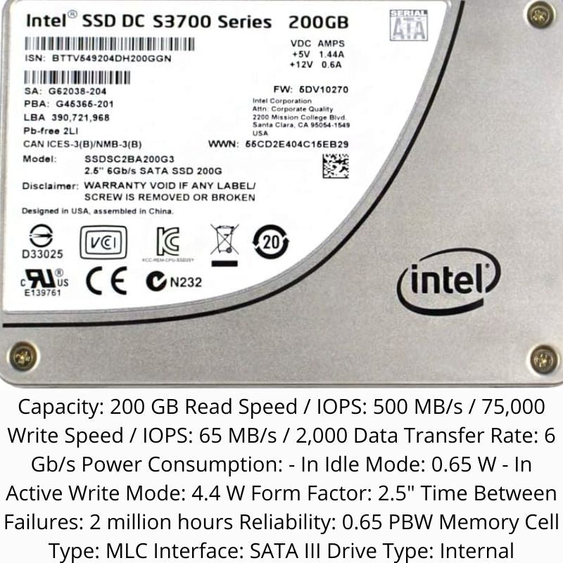 Intel 200GB SATA III 2.5" Solid-State Drive DC S3700 SSDSC Series Hard Drive-